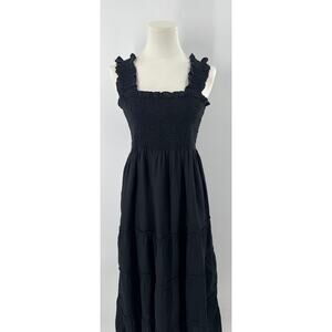 Quince European Linen Black Smocked Midi Dress Sleeveless Large NWT